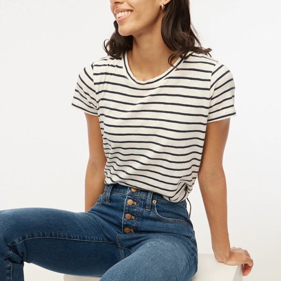 J. Crew Striped Girlfriend Crewneck Loose Fit Tee White Navy Size S NWT - Picture 1 of 7